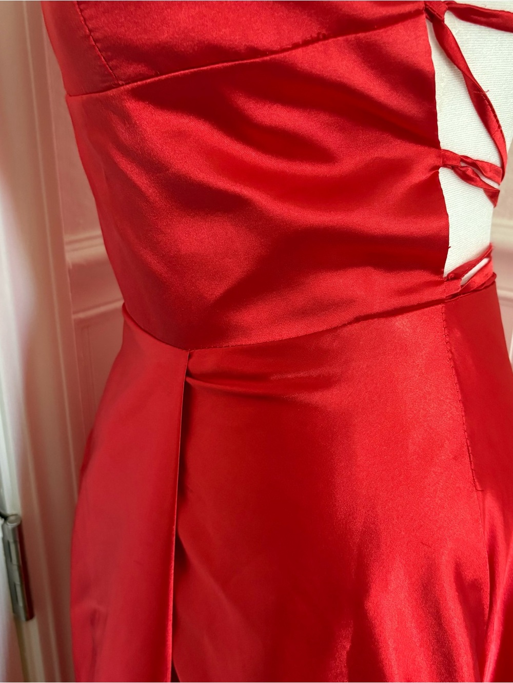 Red Satin A-Line Spaghetti Strap Evening Gown with Criss Cross Back - Picture 7 of 9
